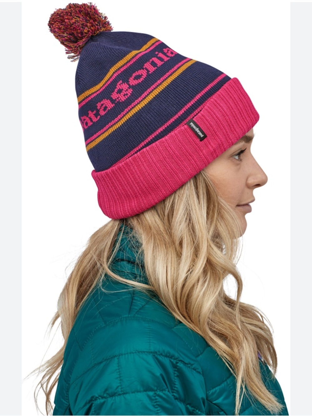 Patagonia Kids Beanie in Pink, Navy & Gold with Pom
